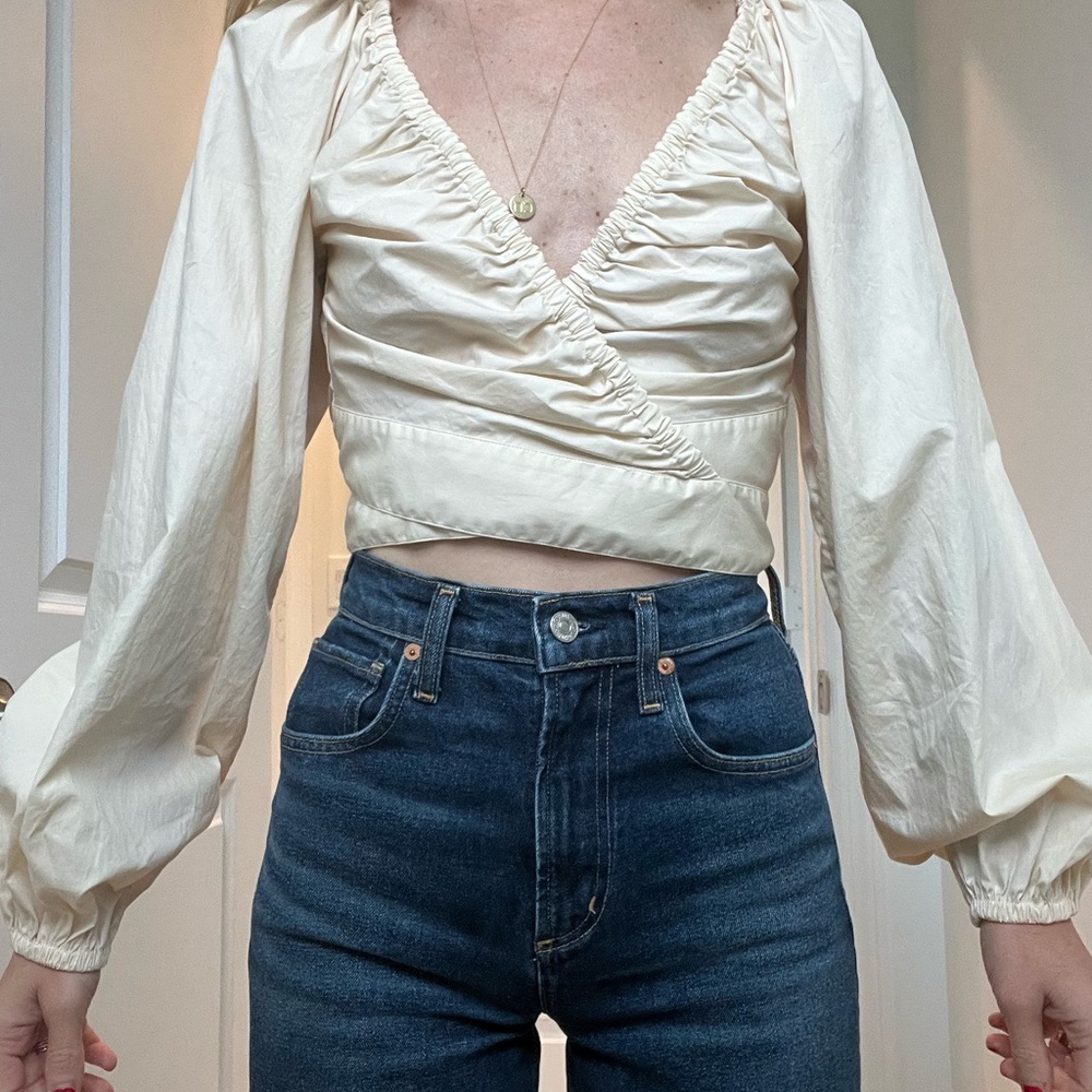 Cream Ruched Wrap Blouse with Long Sleeves